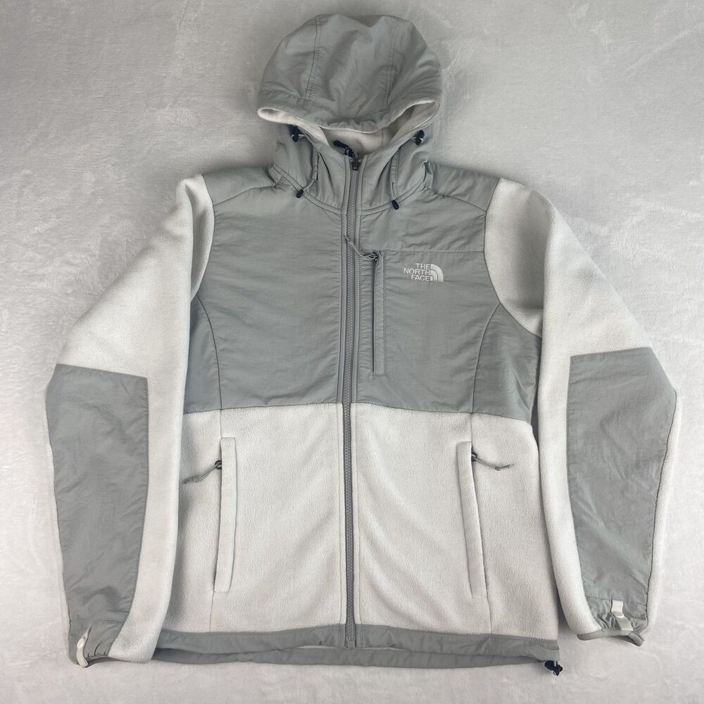 The North Face Denali Jacket Womens Small White Gray Hooded Outdoors Polartec